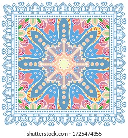 Decorative colorful ornament on white background, symmetric pattern with doodle lace frame. Tribal ethnic mandala decor. Bandana shawl, hijab, tablecloth fabric print, silk neck scarf, kerchief design