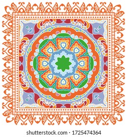 Decorative colorful ornament on white background, symmetric pattern with doodle lace frame. Tribal ethnic mandala decor. Bandana shawl, hijab, tablecloth fabric print, silk neck scarf, kerchief design