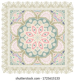 Decorative colorful ornament on white background, symmetric pattern with doodle lace frame. Tribal ethnic mandala decor. Bandana shawl, hijab, tablecloth fabric print, silk neck scarf, kerchief design