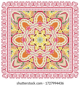 Decorative colorful ornament on white background, symmetric pattern with doodle lace frame. Tribal ethnic mandala decor. Bandana shawl, hijab, tablecloth fabric print, silk neck scarf, kerchief design