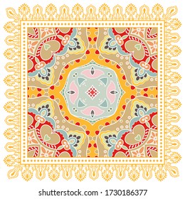 Decorative colorful ornament on white background, symmetric pattern with doodle lace frame. Tribal ethnic mandala decor. Bandana shawl, hijab, tablecloth fabric print, silk neck scarf, kerchief design