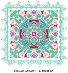 Decorative colorful ornament on white background, symmetric pattern with doodle lace frame. Tribal ethnic mandala decor. Bandana shawl, hijab, tablecloth fabric print, silk neck scarf, kerchief design