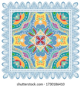 Decorative colorful ornament on white background, symmetric pattern with doodle lace frame. Tribal ethnic mandala decor. Bandana shawl, hijab, tablecloth fabric print, silk neck scarf, kerchief design