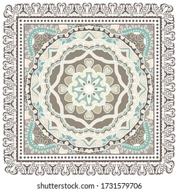 Decorative colorful ornament on white background, symmetric pattern with doodle lace frame. Tribal ethnic mandala decor. Bandana shawl, hijab, tablecloth fabric print, silk neck scarf, kerchief design