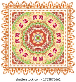 Decorative colorful ornament on white background, symmetric pattern with doodle lace frame. Tribal ethnic mandala decor. Bandana shawl, hijab, tablecloth fabric print, silk neck scarf, kerchief design