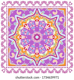 Decorative colorful ornament on white background, symmetric pattern with doodle lace frame. Tribal ethnic mandala decor. Bandana shawl, hijab, tablecloth fabric print, silk neck scarf, kerchief design