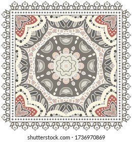 Decorative colorful ornament on white background, symmetric pattern with doodle lace frame. Tribal ethnic mandala decor. Bandana shawl, hijab, tablecloth fabric print, silk neck scarf, kerchief design