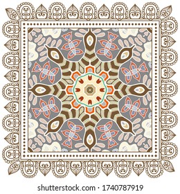 Decorative colorful ornament on white background, symmetric pattern with doodle lace frame. Tribal ethnic mandala decor. Bandana shawl, hijab, tablecloth fabric print, silk neck scarf, kerchief design