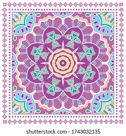 Decorative colorful ornament on white background, symmetric pattern with doodle lace frame. Tribal ethnic mandala decor. Bandana shawl, hijab, tablecloth fabric print, silk neck scarf, kerchief design