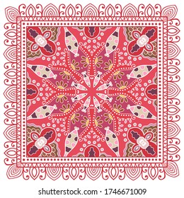 Decorative colorful ornament on white background, symmetric pattern with doodle lace frame. Tribal ethnic mandala decor. Bandana shawl, hijab, tablecloth fabric print, silk neck scarf, kerchief design