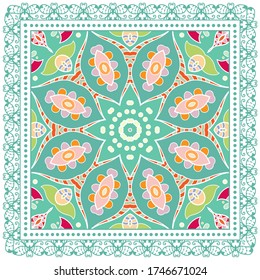 Decorative colorful ornament on white background, symmetric pattern with doodle lace frame. Tribal ethnic mandala decor. Bandana shawl, hijab, tablecloth fabric print, silk neck scarf, kerchief design