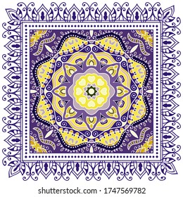 Decorative colorful ornament on white background, symmetric pattern with doodle lace frame. Tribal ethnic mandala decor. Bandana shawl, hijab, tablecloth fabric print, silk neck scarf, kerchief design