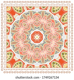 Decorative colorful ornament on white background, symmetric pattern with doodle lace frame. Tribal ethnic mandala decor. Bandana shawl, hijab, tablecloth fabric print, silk neck scarf, kerchief design