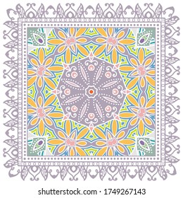 Decorative colorful ornament on white background, symmetric pattern with doodle lace frame. Tribal ethnic mandala decor. Bandana shawl, hijab, tablecloth fabric print, silk neck scarf, kerchief design