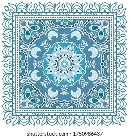 Decorative colorful ornament on white background, symmetric pattern with doodle lace frame. Tribal ethnic mandala decor. Bandana shawl, hijab, tablecloth fabric print, silk neck scarf, kerchief design