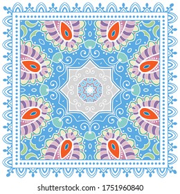 Decorative colorful ornament on white background, symmetric pattern with doodle lace frame. Tribal ethnic mandala decor. Bandana shawl, hijab, tablecloth fabric print, silk neck scarf, kerchief design