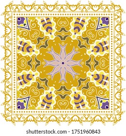 Decorative colorful ornament on white background, symmetric pattern with doodle lace frame. Tribal ethnic mandala decor. Bandana shawl, hijab, tablecloth fabric print, silk neck scarf, kerchief design