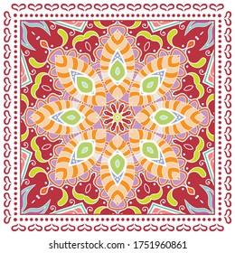 Decorative colorful ornament on white background, symmetric pattern with doodle lace frame. Tribal ethnic mandala decor. Bandana shawl, hijab, tablecloth fabric print, silk neck scarf, kerchief design