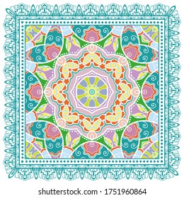 Decorative colorful ornament on white background, symmetric pattern with doodle lace frame. Tribal ethnic mandala decor. Bandana shawl, hijab, tablecloth fabric print, silk neck scarf, kerchief design