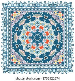 Decorative colorful ornament on white background, symmetric pattern with doodle lace frame. Tribal ethnic mandala decor. Bandana shawl, hijab, tablecloth fabric print, silk neck scarf, kerchief design