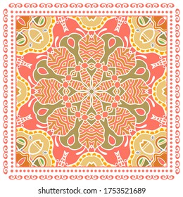 Decorative colorful ornament on white background, symmetric pattern with doodle lace frame. Tribal ethnic mandala decor. Bandana shawl, hijab, tablecloth fabric print, silk neck scarf, kerchief design