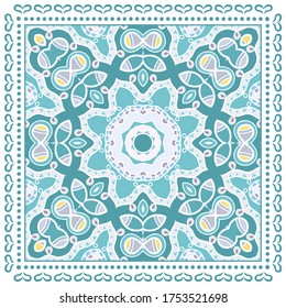 Decorative colorful ornament on white background, symmetric pattern with doodle lace frame. Tribal ethnic mandala decor. Bandana shawl, hijab, tablecloth fabric print, silk neck scarf, kerchief design