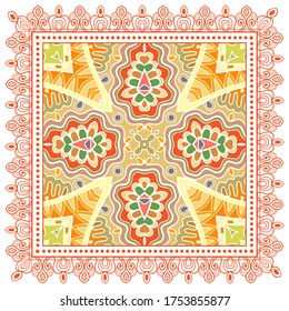 Decorative colorful ornament on white background, symmetric pattern with doodle lace frame. Tribal ethnic mandala decor. Bandana shawl, hijab, tablecloth fabric print, silk neck scarf, kerchief design