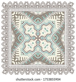 Decorative colorful ornament on white background, symmetric pattern with doodle lace frame. Tribal ethnic mandala decor. Bandana shawl, hijab, tablecloth fabric print, silk neck scarf, kerchief design