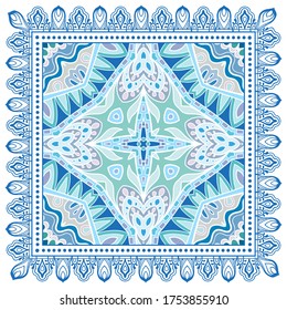 Decorative colorful ornament on white background, symmetric pattern with doodle lace frame. Tribal ethnic mandala decor. Bandana shawl, hijab, tablecloth fabric print, silk neck scarf, kerchief design