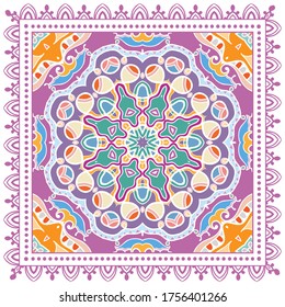 Decorative colorful ornament on white background, symmetric pattern with doodle lace frame. Tribal ethnic mandala decor. Bandana shawl, hijab, tablecloth fabric print, silk neck scarf, kerchief design