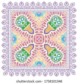 Decorative colorful ornament on white background, symmetric pattern with doodle lace frame. Tribal ethnic mandala decor. Bandana shawl, hijab, tablecloth fabric print, silk neck scarf, kerchief design