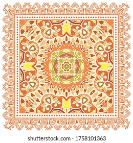 Decorative colorful ornament on white background, symmetric pattern with doodle lace frame. Tribal ethnic mandala decor. Bandana shawl, hijab, tablecloth fabric print, silk neck scarf, kerchief design