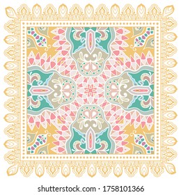 Decorative colorful ornament on white background, symmetric pattern with doodle lace frame. Tribal ethnic mandala decor. Bandana shawl, hijab, tablecloth fabric print, silk neck scarf, kerchief design
