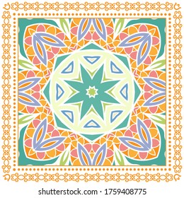 Decorative colorful ornament on white background, symmetric pattern with doodle lace frame. Tribal ethnic mandala decor. Bandana shawl, hijab, tablecloth fabric print, silk neck scarf, kerchief design