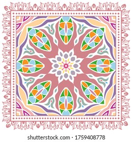 Decorative colorful ornament on white background, symmetric pattern with doodle lace frame. Tribal ethnic mandala decor. Bandana shawl, hijab, tablecloth fabric print, silk neck scarf, kerchief design