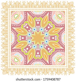 Decorative colorful ornament on white background, symmetric pattern with doodle lace frame. Tribal ethnic mandala decor. Bandana shawl, hijab, tablecloth fabric print, silk neck scarf, kerchief design