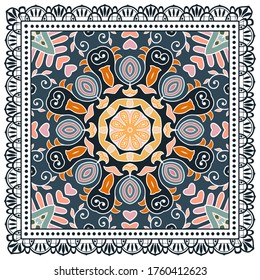 Decorative colorful ornament on white background, symmetric pattern with doodle lace frame. Tribal ethnic mandala decor. Bandana shawl, hijab, tablecloth fabric print, silk neck scarf, kerchief design