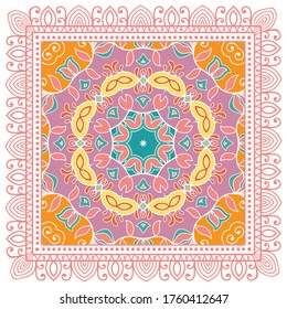 Decorative colorful ornament on white background, symmetric pattern with doodle lace frame. Tribal ethnic mandala decor. Bandana shawl, hijab, tablecloth fabric print, silk neck scarf, kerchief design
