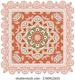 Decorative colorful ornament on white background, symmetric pattern with doodle lace frame. Tribal ethnic mandala decor. Bandana shawl, hijab, tablecloth fabric print, silk neck scarf, kerchief design