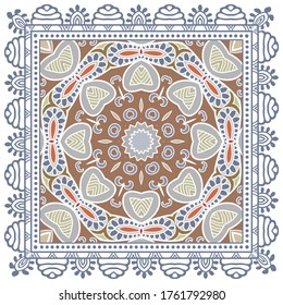 Decorative colorful ornament on white background, symmetric pattern with doodle lace frame. Tribal ethnic mandala decor. Bandana shawl, hijab, tablecloth fabric print, silk neck scarf, kerchief design