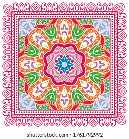 Decorative colorful ornament on white background, symmetric pattern with doodle lace frame. Tribal ethnic mandala decor. Bandana shawl, hijab, tablecloth fabric print, silk neck scarf, kerchief design