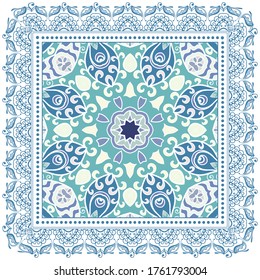 Decorative colorful ornament on white background, symmetric pattern with doodle lace frame. Tribal ethnic mandala decor. Bandana shawl, hijab, tablecloth fabric print, silk neck scarf, kerchief design