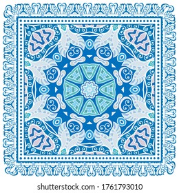 Decorative colorful ornament on white background, symmetric pattern with doodle lace frame. Tribal ethnic mandala decor. Bandana shawl, hijab, tablecloth fabric print, silk neck scarf, kerchief design