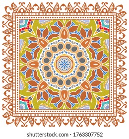Decorative colorful ornament on white background, symmetric pattern with doodle lace frame. Tribal ethnic mandala decor. Bandana shawl, hijab, tablecloth fabric print, silk neck scarf, kerchief design