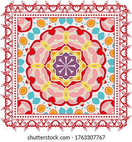 Decorative colorful ornament on white background, symmetric pattern with doodle lace frame. Tribal ethnic mandala decor. Bandana shawl, hijab, tablecloth fabric print, silk neck scarf, kerchief design