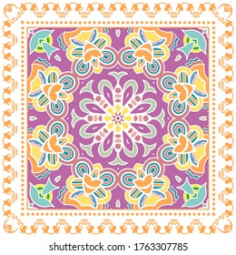 Decorative colorful ornament on white background, symmetric pattern with doodle lace frame. Tribal ethnic mandala decor. Bandana shawl, hijab, tablecloth fabric print, silk neck scarf, kerchief design