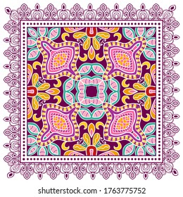 Decorative colorful ornament on white background, symmetric pattern with doodle lace frame. Tribal ethnic mandala decor. Bandana shawl, hijab, tablecloth fabric print, silk neck scarf, kerchief design