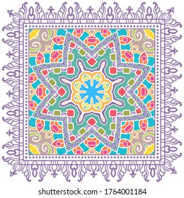 Decorative colorful ornament on white background, symmetric pattern with doodle lace frame. Tribal ethnic mandala decor. Bandana shawl, hijab, tablecloth fabric print, silk neck scarf, kerchief design