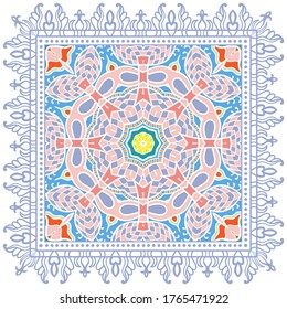 Decorative colorful ornament on white background, symmetric pattern with doodle lace frame. Tribal ethnic mandala decor. Bandana shawl, hijab, tablecloth fabric print, silk neck scarf, kerchief design