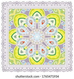 Decorative colorful ornament on white background, symmetric pattern with doodle lace frame. Tribal ethnic mandala decor. Bandana shawl, hijab, tablecloth fabric print, silk neck scarf, kerchief design